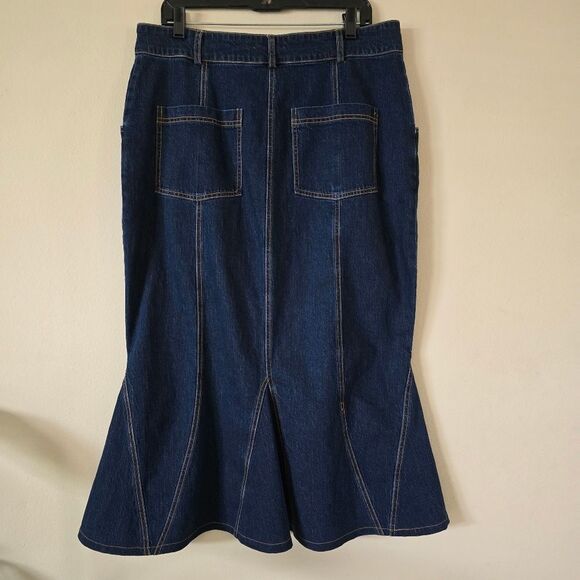 Anthropologie Pilcro Fluted Denim Maxi Skirt Stretch Dark Denim Size 16 Modest - Picture 7 of 8